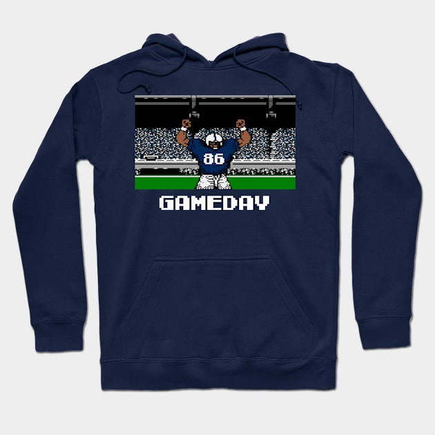 Blue and White Football Gameday Retro 8 Bit Linebacker Hoodie by SLAG_Creative